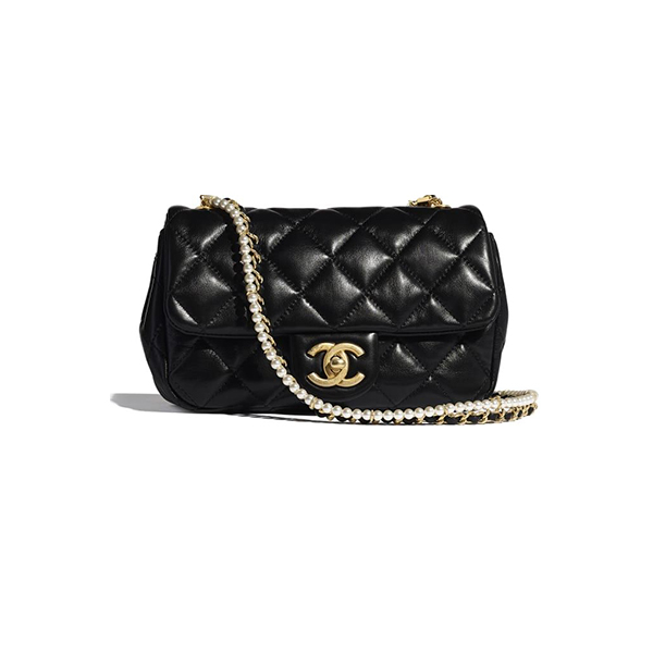 Chanel Flap Bag Calfskin Crystal Pearls & Gold-Tone Metal Black - Nice Bag™