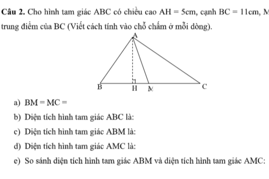Câu 2. Cho Hình Tam Giác Abc Có Chiều Cao Ah = 5Cm, Cạnh Bc = 11Cm, M Là  Trung Điểm Của Bc (Viết Cách Tính Vào Chỗ Chấm Ở Mỗi Dòng).