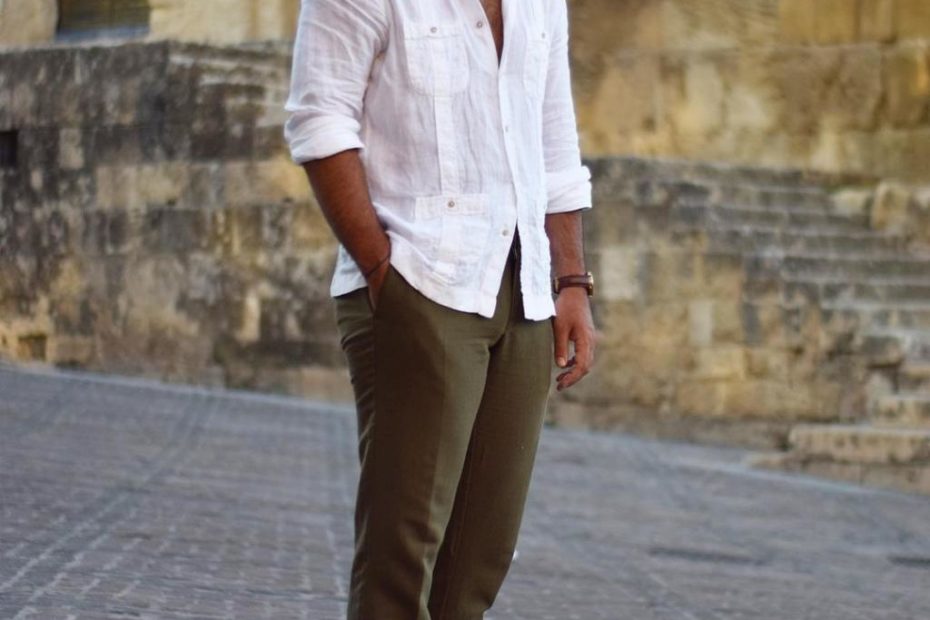 Men'S White Linen Long Sleeve Shirt, Olive Chinos, Dark Brown Leather Boat  Shoes, Dark Brown Sunglasses | Lookastic