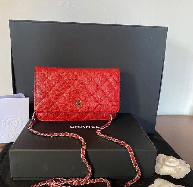 Chanel Red Caviar Leather Wallet On Chain ( Woc ) With Silver Hardware |  Ebay