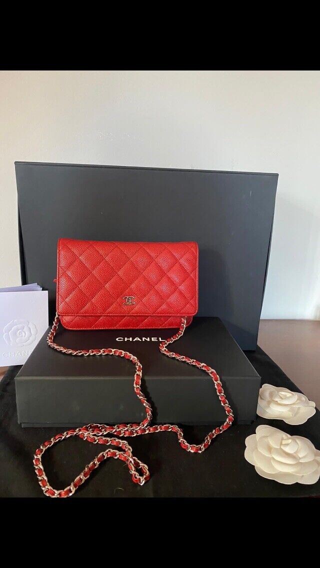 Chanel Red Caviar Leather Wallet On Chain ( Woc ) With Silver Hardware |  Ebay